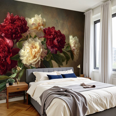 Vintage Peel and Stick Wallpaper Classic Oil Painting Peonies Rich Hues Delicate Brushwork Wall Murals 100"H x 144"W Removable PVC Wall Paper Self-Adhesive Wall Decor for Bedroom Living Room Home Office