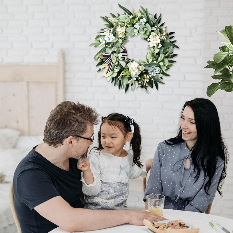 Couronne de 20 pouces pour oreilles de mouton - Vert - Décoration de porte et de mur artificielle pour un style maison de campagne à l'année, intérieur / extérieur