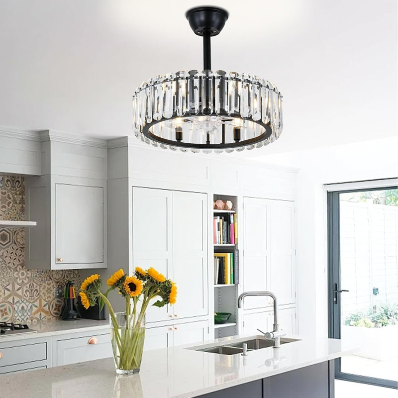 Modern Crystal Fandelier Ceiling Fan With Lights Gold Chandelier Fan For Dining Room Bedroom, 20.7 Inch, 6-Speed, Matte Black