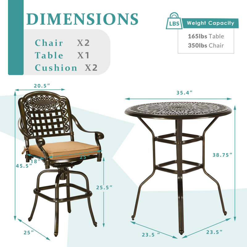 2 - Person Patio Dining Set with Round Table , Cushions Included, 38.75" H x 35.4" W x 23.5" D, Khaki