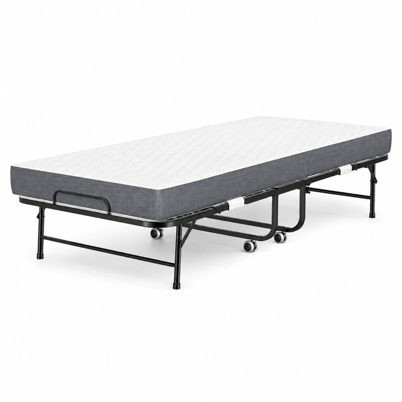 Lit simple pliant noir avec matelas et roulettes verrouillables, lit d'invité en acier avec support à 8 lattes et mousse viscoélastique imprégnée de gel, capacité de poids de 300 lb, avec housse de protection et outils