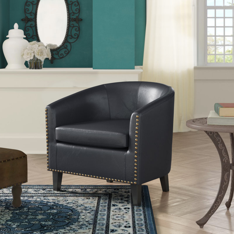 Cohmer 28.74" Wide Accent Barrel Chair, Modern Faux Leather Tub Club Chair Upholstered Armchair with Gold Nail Head Trim