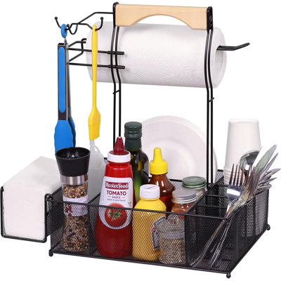 Panier de barbecue avec porte-serviettes en papier, panier à condiments pour panier de pique-nique, organisateur de rangement pour accessoires de camping