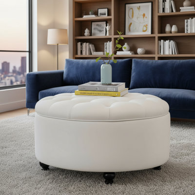 Button-Embellished Tufted Cushioned Storage Footstool (Ivory), Round With Detachable Tabletop. Suitable For Living Room, Bedroom, Or Office Use.