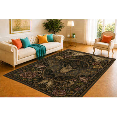 Tapis à motif de chauve-souris «ultra léger» 5 pi x 7 pi, motif de créature ailé à motif floral damassé, revêtement de sol imprimé lisse pour la chambre à coucher, le salon, le vestibule et la décoration victorienne