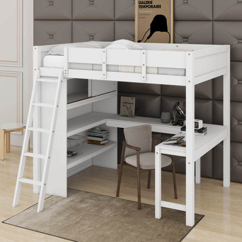 Lit mezzanine double avec bureau et tablette, Blanc