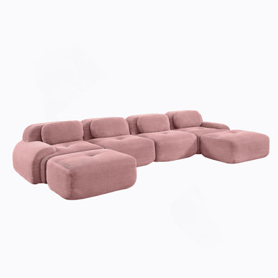 Canapé modulaire en U sans assemblage en velours côtelé respirant 32D à haute résilience avec accoudoirs courbés extra-larges Design ergonomique adapté aux animaux de compagnie pour les salons et les chambres, rose
