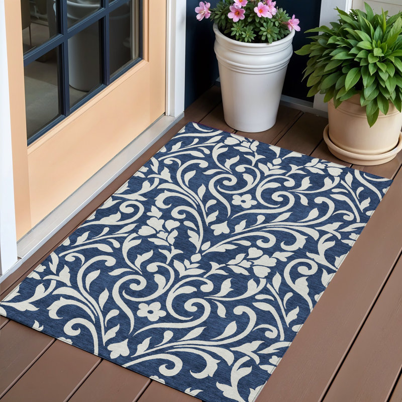 3' X 5' Navy Blue And Ivory Floral Washable Indoor Outdoor Area Rug