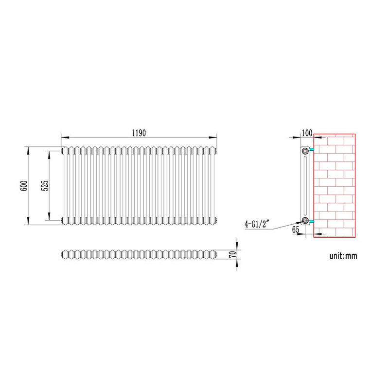 iBathUK Radiator + Angled Valve, White, 2, 600cm H x 1190cm W x 70cm D