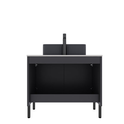 30" Freestanding Bathroom Vanity Cabinet In Black, No Basin, White Sintered Stone Surface, Double - Door Storage, Solid Wood Particle Board Base, Scratch And Water , Quiet Closing, French Striped