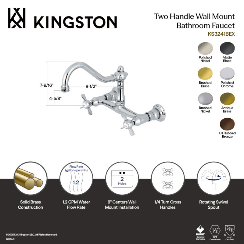Kingston Brass Essex Double-Handle 2-Hole Wall Mount Bathroom Faucet
