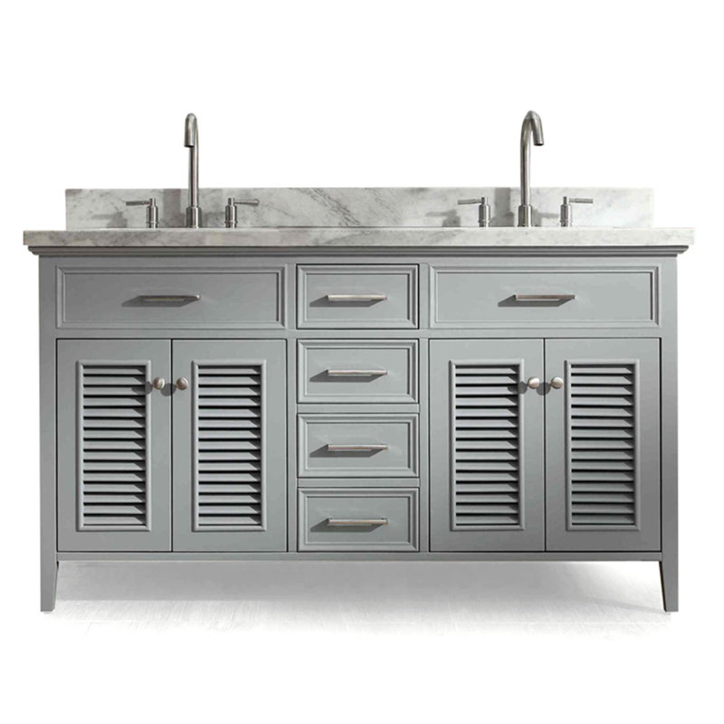 Ensemble de meuble-lavabo double 61 po Hamil, gris, Marbre blanc de Carrare, Forme rectangulaire