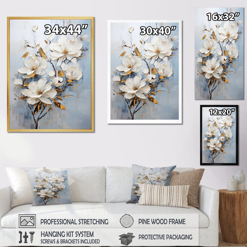 «Magnolias Bloom In White III», reproduction sur toile, Cadre naturel flottant, H 32 po x l 16 po