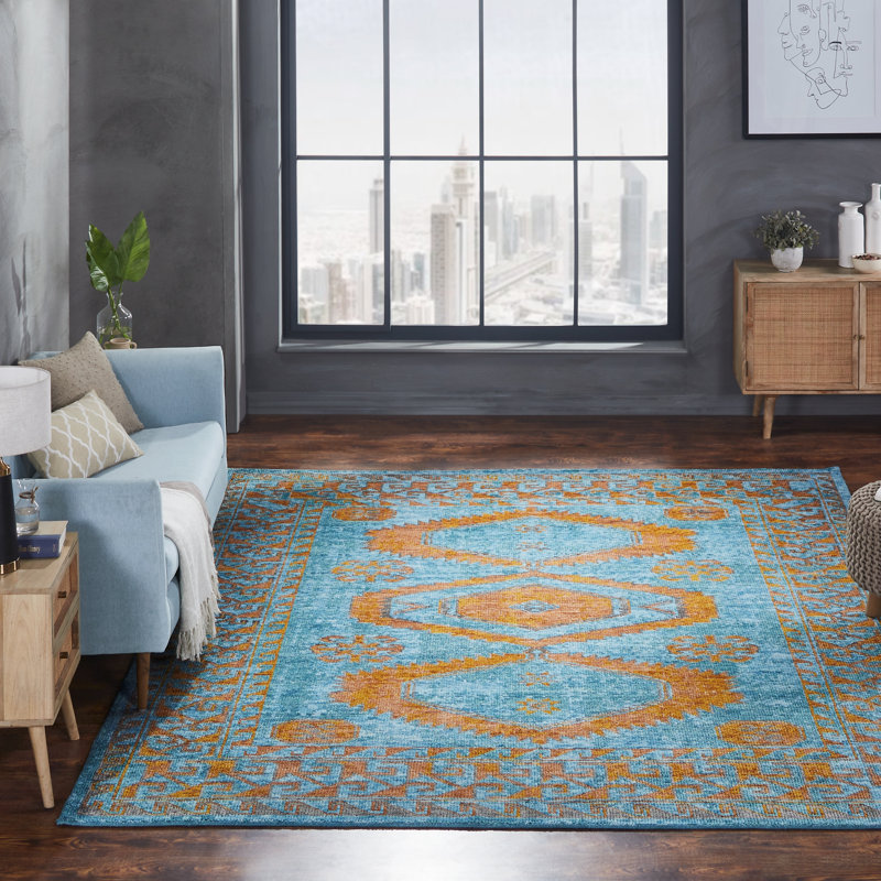 Tribal Elegance Orange/Rust/Grey Hand-Knotted Wool Area Rug, Rectangle 12' x 15', Blue
