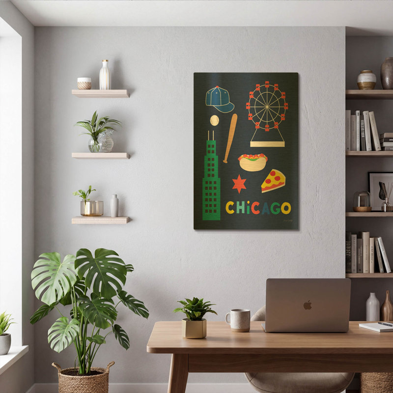 « Chicago, ville et divertissement » par Ann Kelle, tableau mural en métal doré, 61 cm x 91 cm, 24 po x 36 po