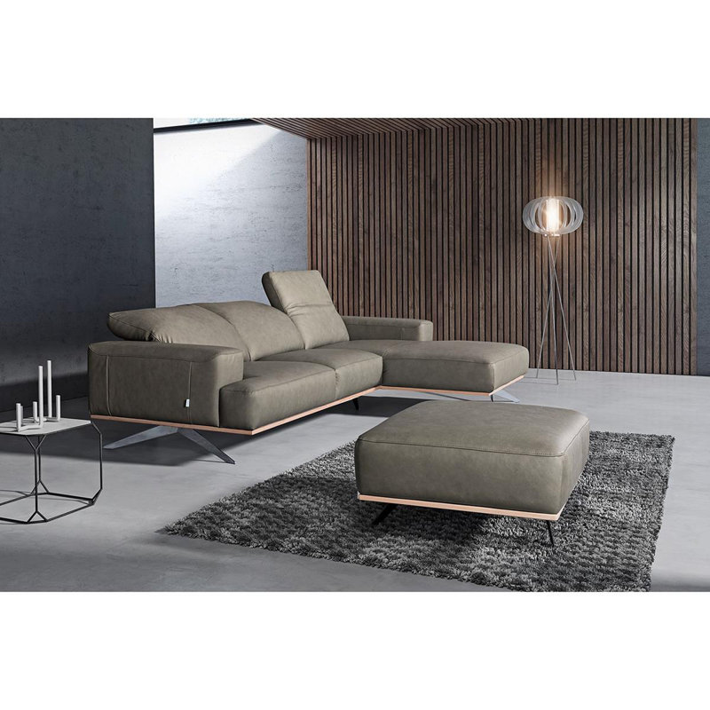 Edeltraut Genuine Leather Corner Sofa with Wooden Frame, Grey, Right Hand Facing
