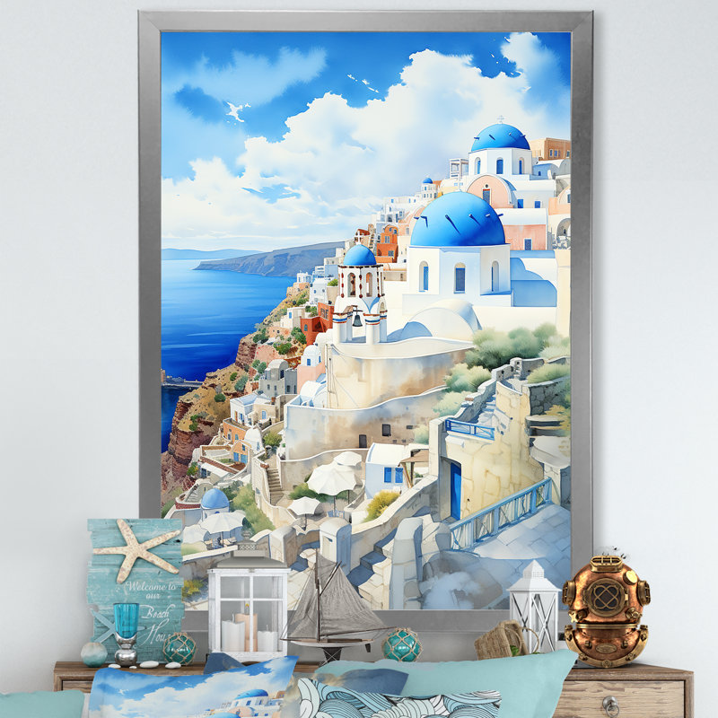 Village côtier de Santorin en Grèce 3, Cadre simple argenté, H 32 po x l 16 po x P 1 po