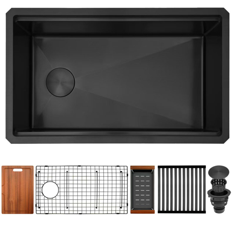 28''L X 18''W Workstation Undermount 16 Gauge Stainless Steel Kitchen Sink Single Bowl, Black