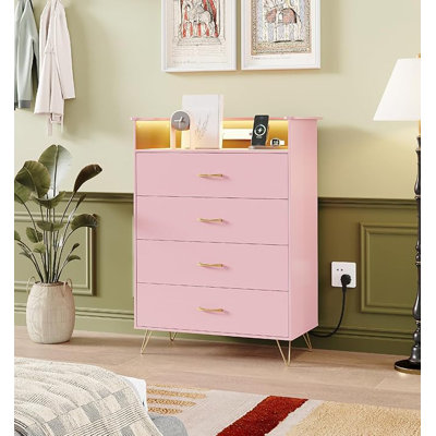 4-Drawer Dresser with RGB Lights & Charging Station, Large Capacity Wooden Chest