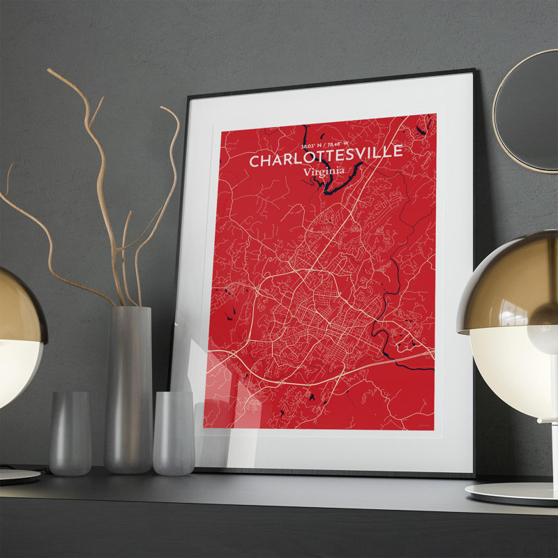 Charlottesville, carte de la ville, impression graphique, H 27,6 po x l 19,7 po x P 0,05 po, Rouge / bleu marine