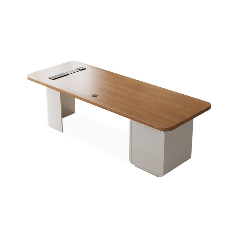 Bureau rectangulaire brun et blanc en bois massif avec 3 tiroirs, H 29,53 po x l 70,87 po x P 31,5 po, Left