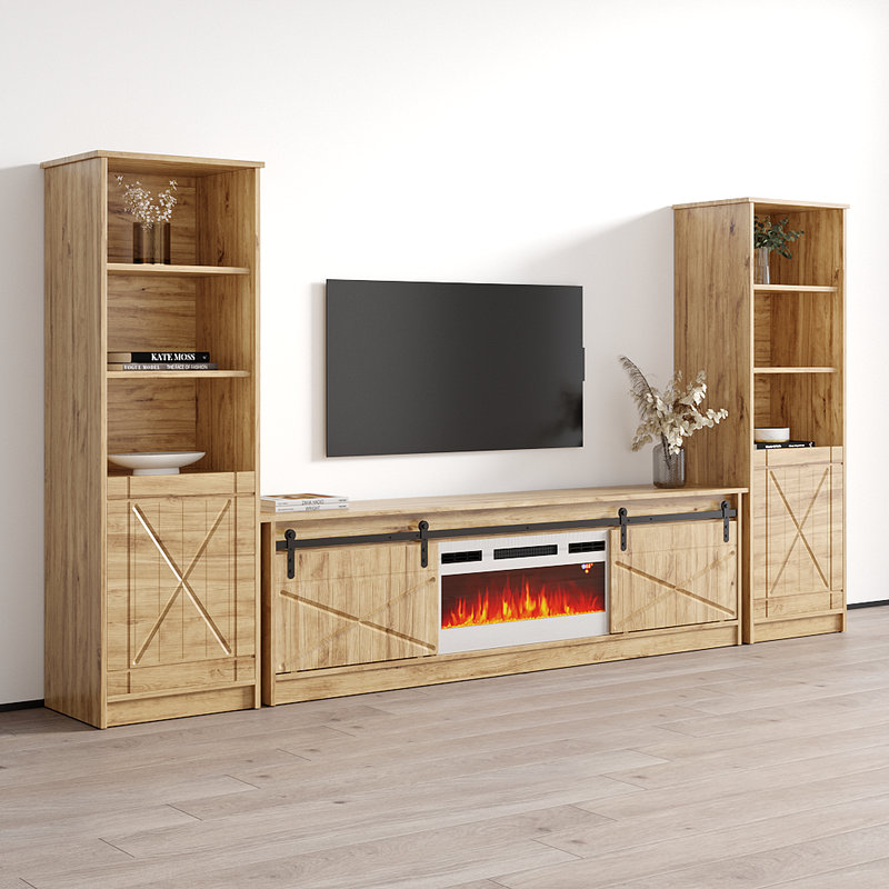 Fiorenze 120.5" Modern Entertainment Center with Electric Fireplace, High Gloss Finish, Media Storage, Oak