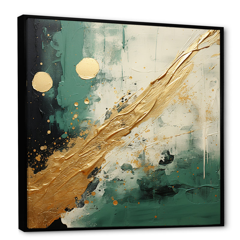 «Gold and Green Paint Fusion III», reproduction sur toile, Cadre flottant noir, H 24 po x l 24 po x P 1 po