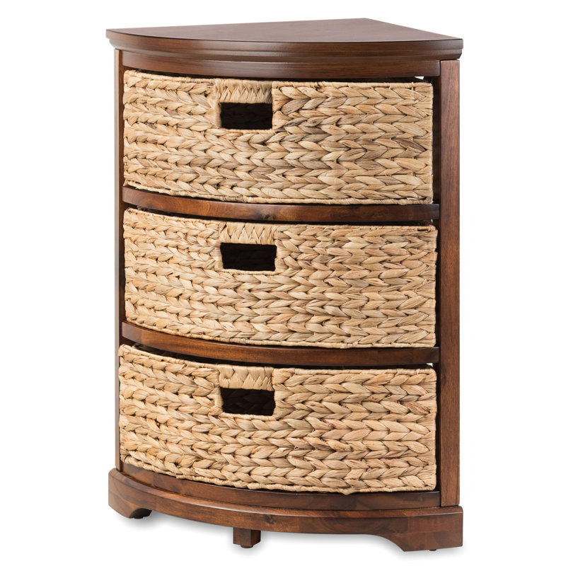 Breunig Solid Wood 3 Drawer X-Side Corner Storage Drawer with 3 Wicker Baskets, Quarter Round, For Small Spaces, Walnut