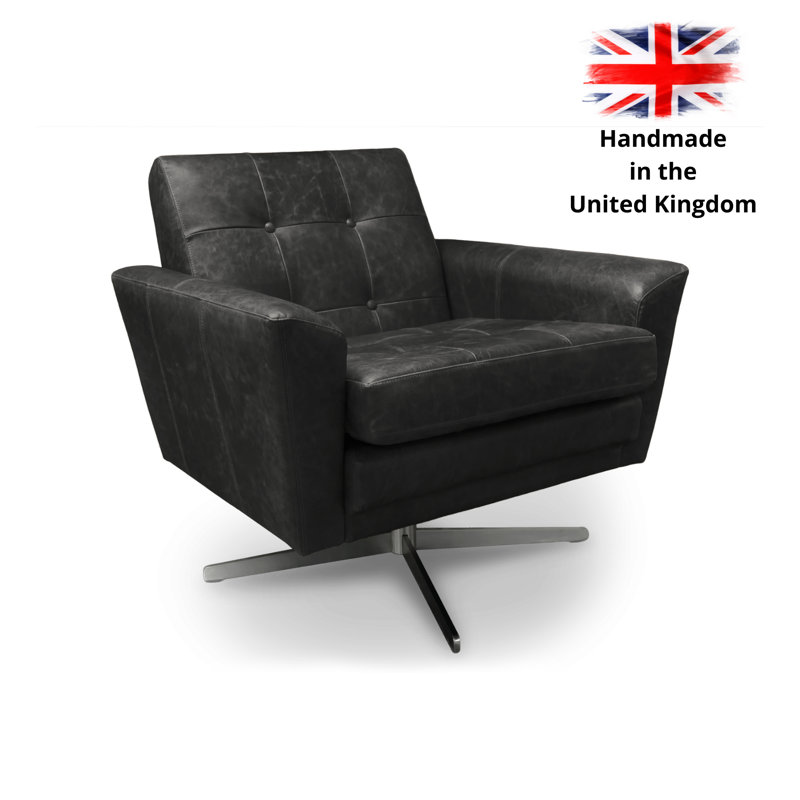 Begay Upholstered Top Grain Leather Swivel Armchair, Black