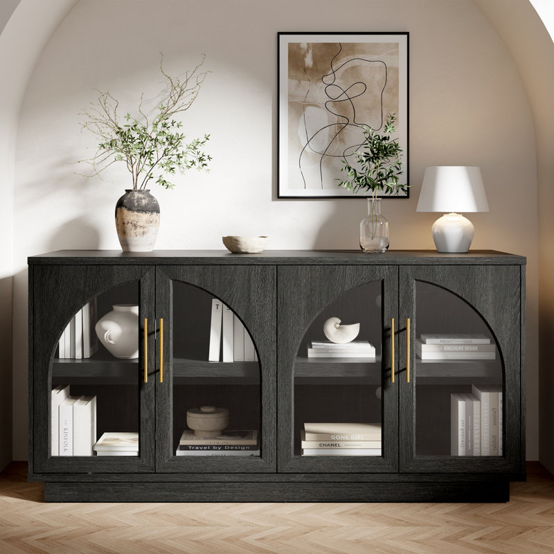 60" Curved Arch Sideboard Cabinet with 4 Tempered Glass Doors and Adjustable Shelves, Black Grey, 1Pc