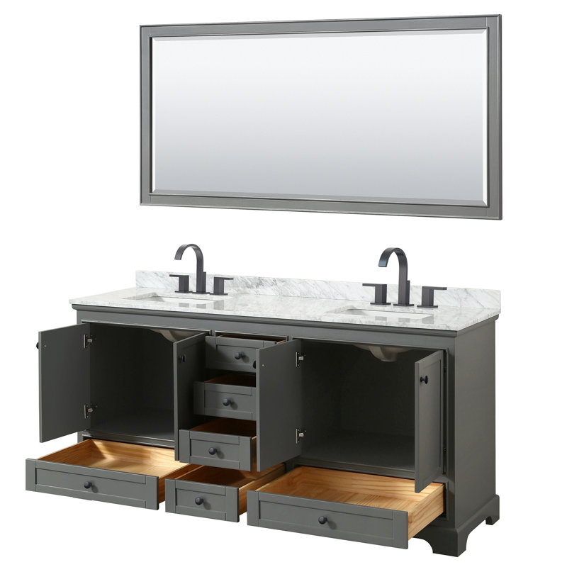 Deborah 72'' Double Bathroom Vanity with Marble Top, Dark Gray, Matte Black