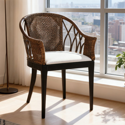 Rattan Barrel Back Design Solid Wood Base Upholstered Seat Accent Chair