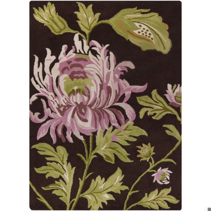 Tapis à motif floral traditionnel en laine touffeté à la main brun, vert, rose, crème et ivoire Jonas, 7 pi x 10 po