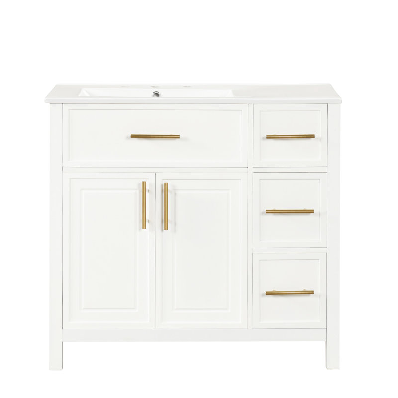 Armoire de meuble-lavabo 36 po avec lavabo 36 po - Bois massif et planches, finition blanche, deux portes et trois tiroirs, céramique gauche pour lavabo actualisé, armoire, 2 3