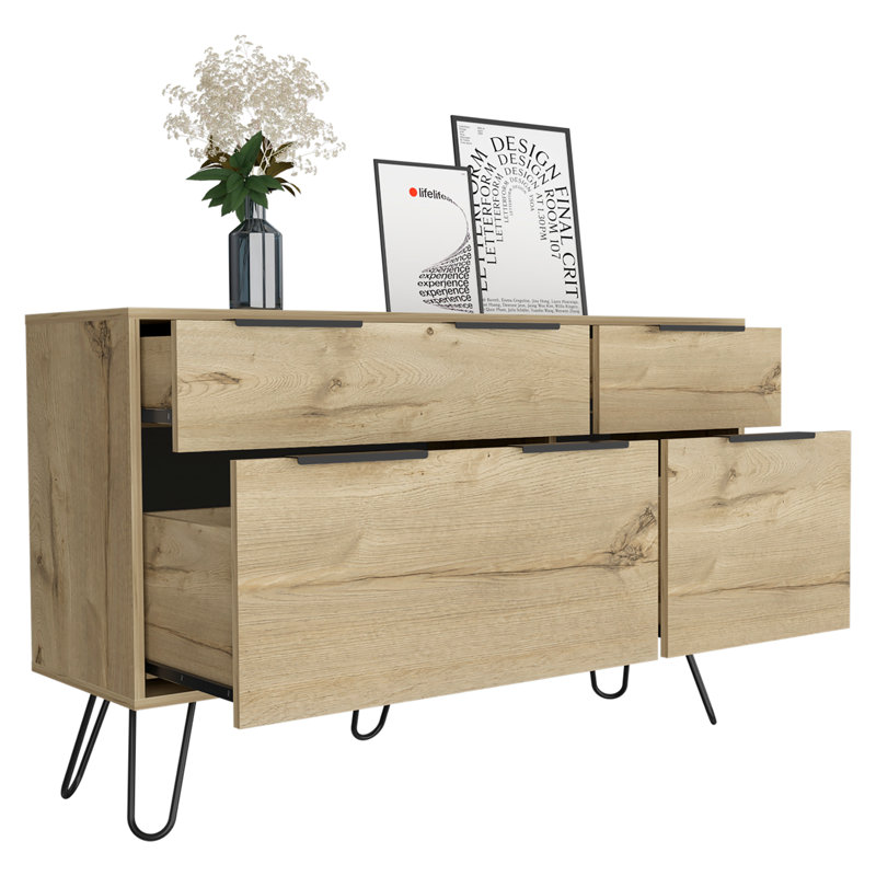 47" Natural Wood Four Drawer Double Dresser
