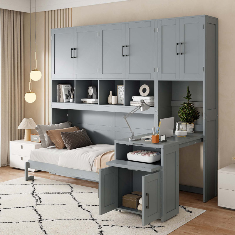 Lit escamotable simple avec placard, tiroirs de rangement et bureau, Grey