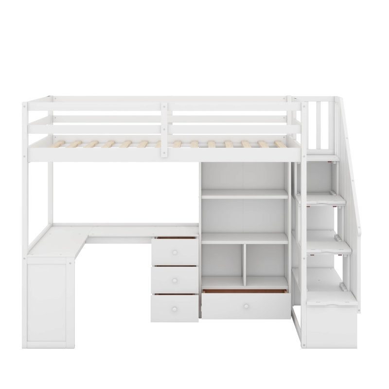 Twin Size Loft Bed With Desk And Drawers, White