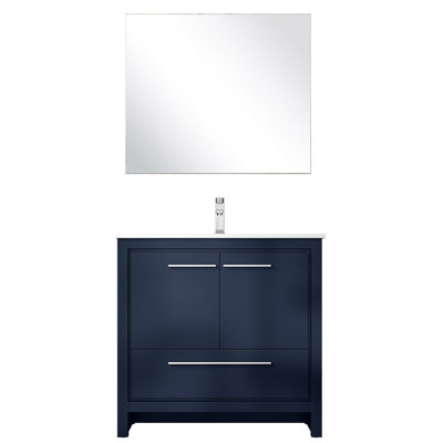 Meuble-lavabo bleu marine l 36 po x P 20 po, comptoir en quartz blanc, robinet inclus, miroir de 28 po, pour rayures et taches pour une utilisation prolongée