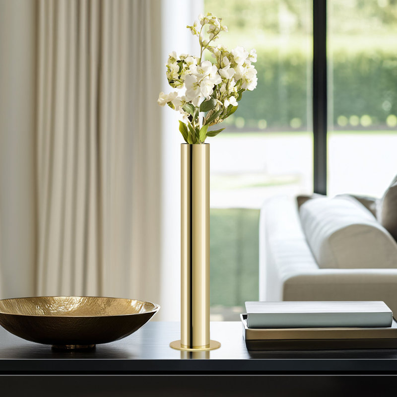14" Gold Stainless Steel Reflective Pipe Vase, Gold, 14 inch