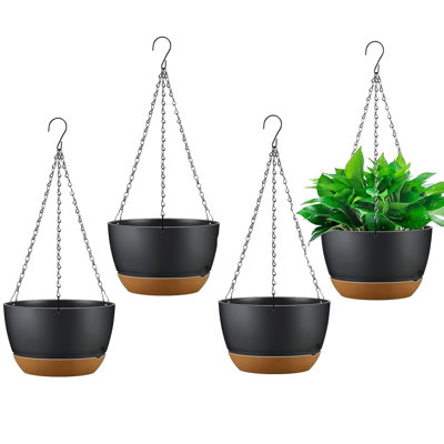 4 pots de fleurs suspendus de 9,64 po de diamètre avec trous de drainage Plateau à arrosage automatique amovible Pots de fleurs suspendus en plastique pour l'intérieur et l'extérieur Herb Ivy Fe