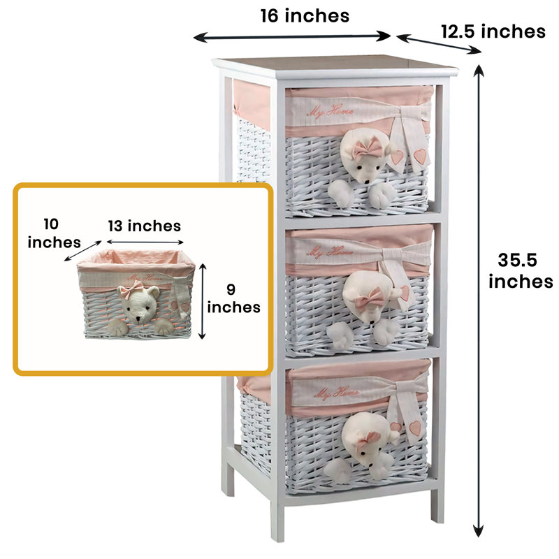 3 Drawer Wooden Cabinet with Wicker Storage Baskets and White Bear Design for Home Organization