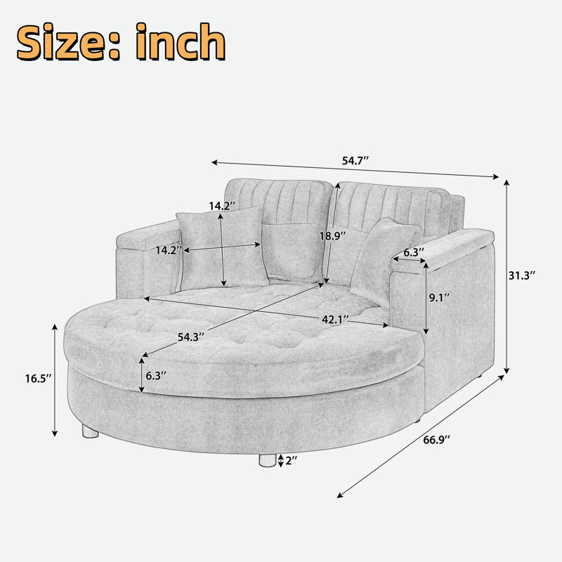 Chaise longue rembourrée incurvée avec accoudoirs de rangement, siège capitonné et coussins amovibles, Jaune