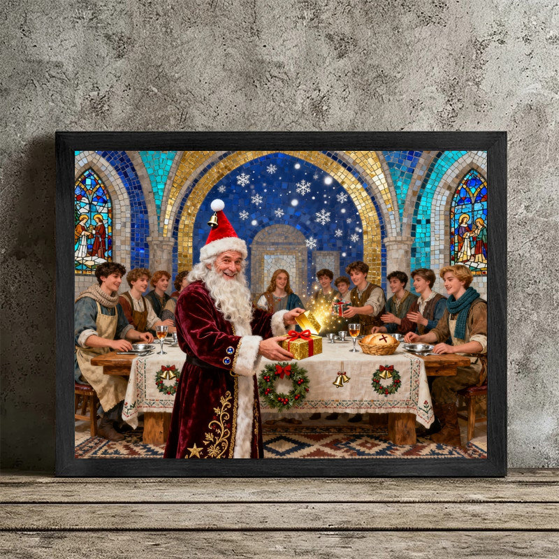 Art mural noir encadré rétro du Père Noël - impressions de décorations de scène religieuse de Noël, H 11 po x l 9 po