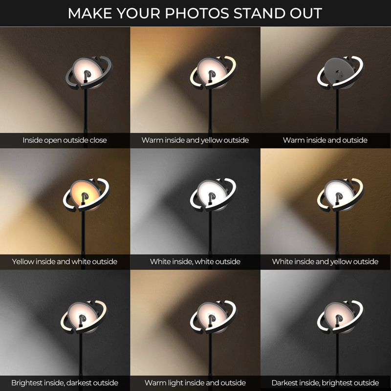 Fimei Saturn Ring LED Floor Lamp – Modern Steel Torchiere Standing Lamp with Remote & Touch Control, Black