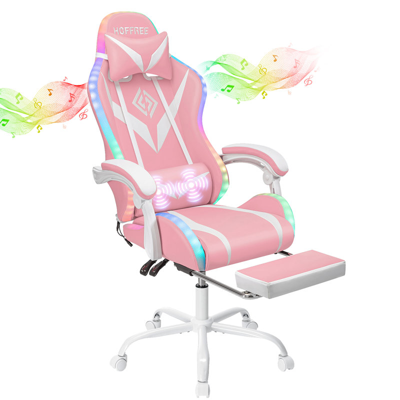 Hoffree Massage Ergonomic Gaming Chair with Bluetooth Speakers and RGB LED Lights, Pink/White