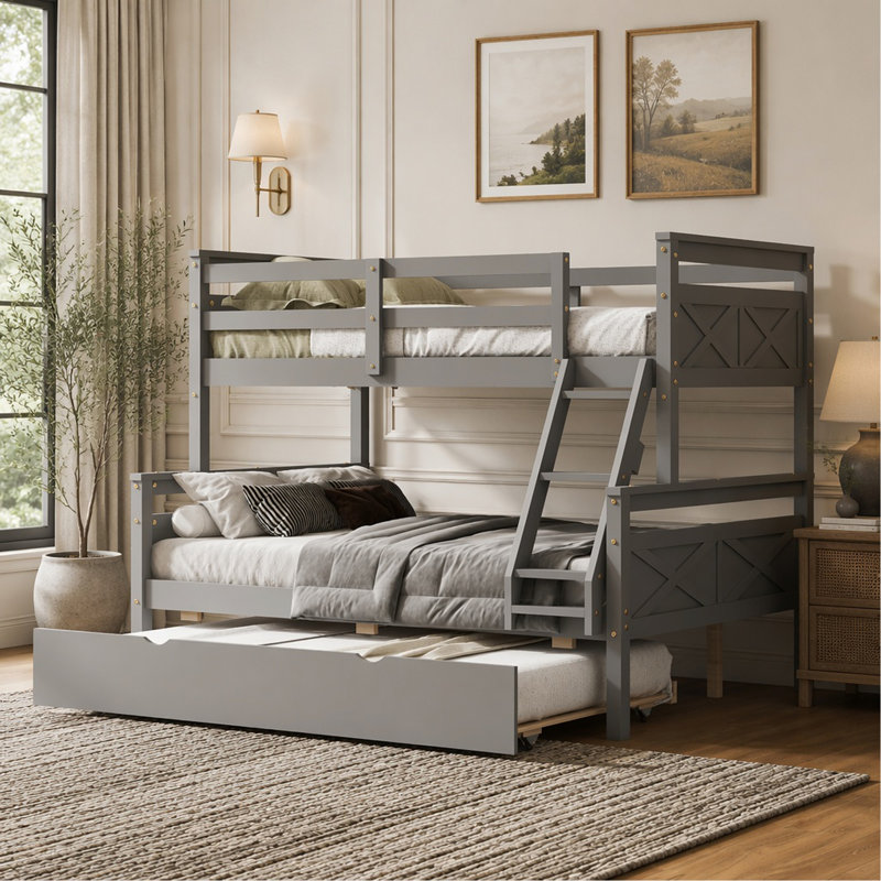 Lit simple superposé simple avec échelle, lit gigogne simple, barrière de sécurité, gris