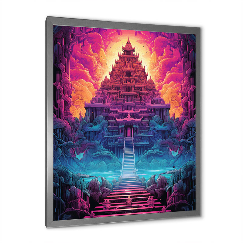 Temple bouddhiste thaïlandais, paysage de rêve spirituel sur toile, Cadre simple argenté, H 40 po x l 30 po x P 1,5 po