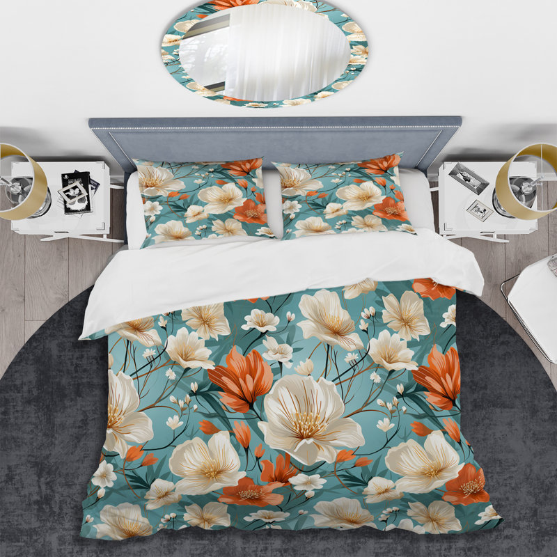 Ensemble de housse de couette à motif floral ivoire et orange, Housse de couette pour très grand lit et 2 très