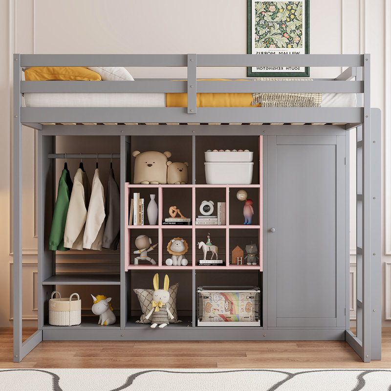 Lit mezzanine simple pour enfants avec garde-robe, Rose / Gris