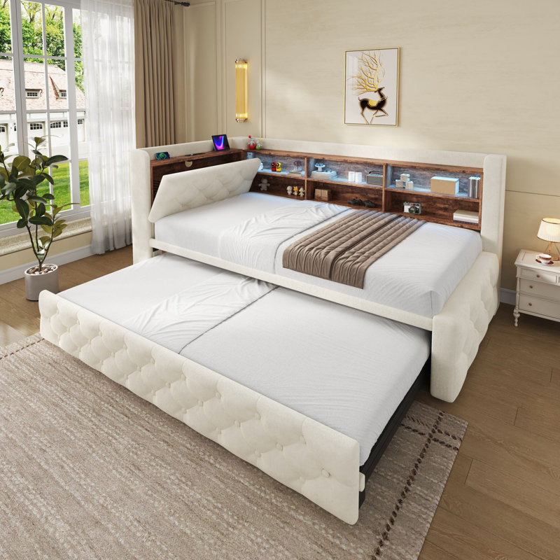 Velvet Sofa Bed 90x190cm with Storage Armrest, LED, USB-C & Wooden Headboard Shelf, Beige
